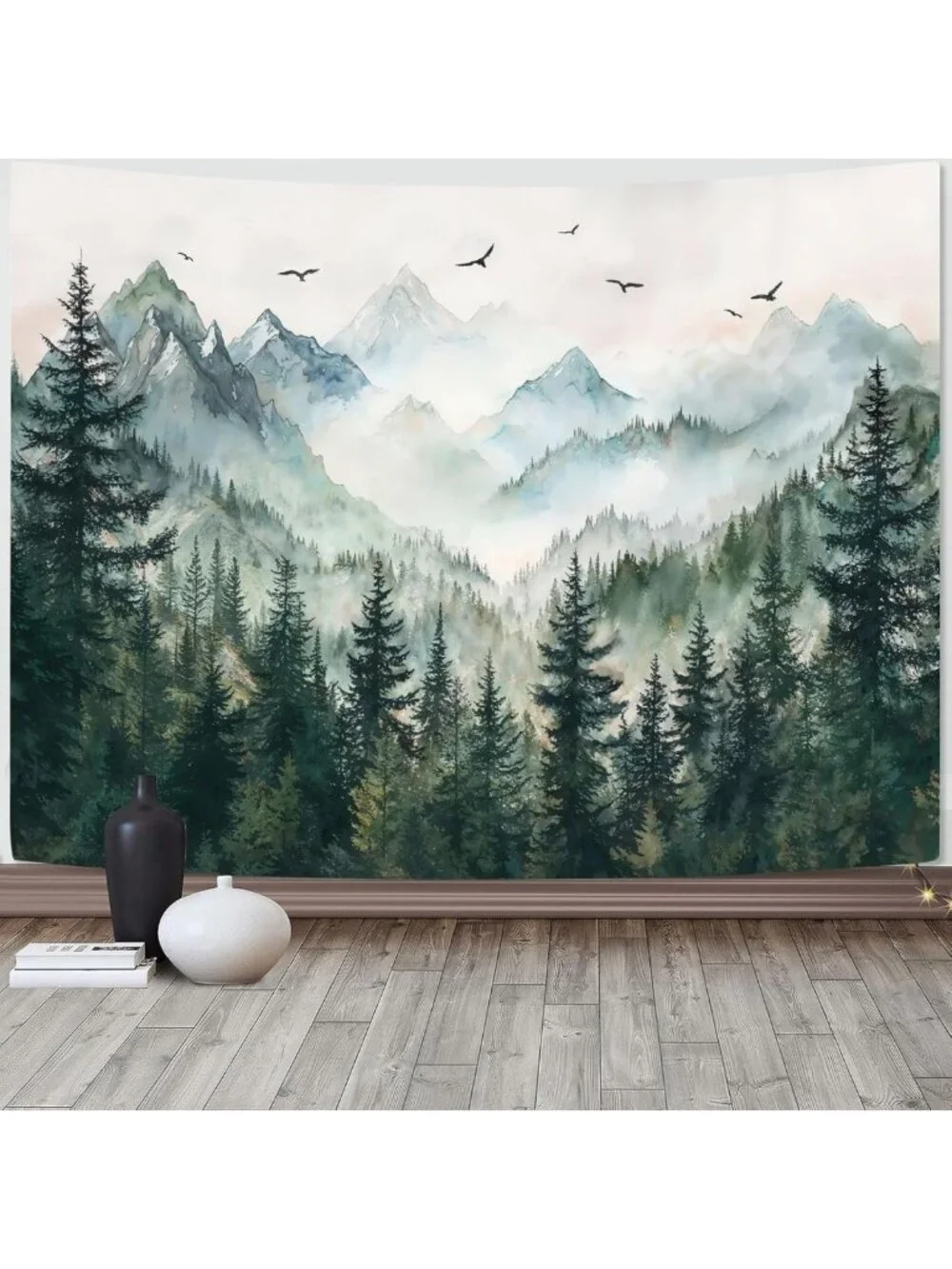 Nature-Inspired Sage Green Mountain Tapestry, Watercolor Forest Wall Art 90x68
